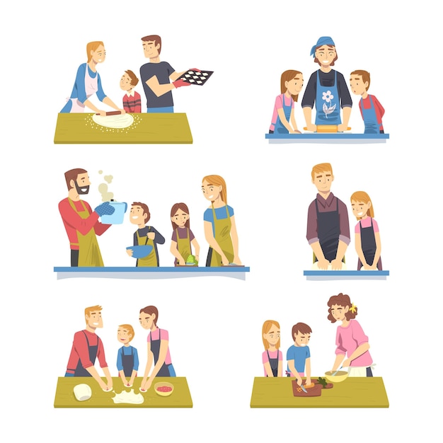 Happy Family Cooking Together in the Kitchen Vector Set Parent with Children at Table Food Preparing