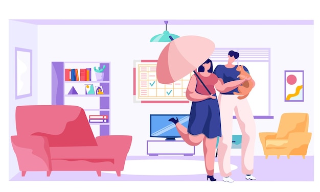 Vector happy family couple with a cat in home interior cartoon composition vector illustration kitten owners man and woman resting together in their flat spending time with domestic animals in apartment