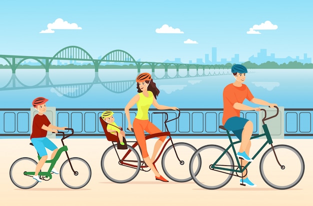 Happy family cycling flat  illustration. Couple with children, mother, father and kids cartoon characters. People riding bicycles together. Active outdoor recreation, bonding, healthy lifestyle.