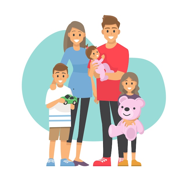 Happy family.Dad, mom, son and daughter and baby together..  illustration cartoon character.