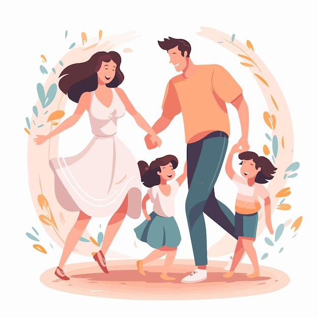 Vector happy family dancing joyful children and parents celebrating together