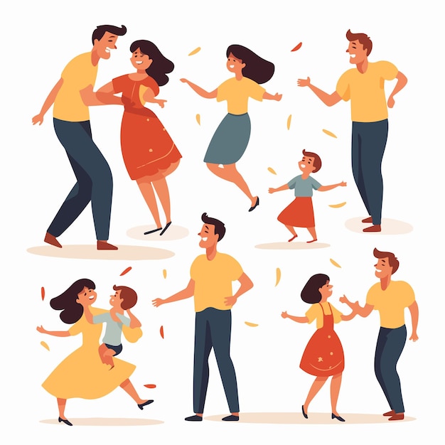 Vector happy family dancing joyful children and parents celebrating together