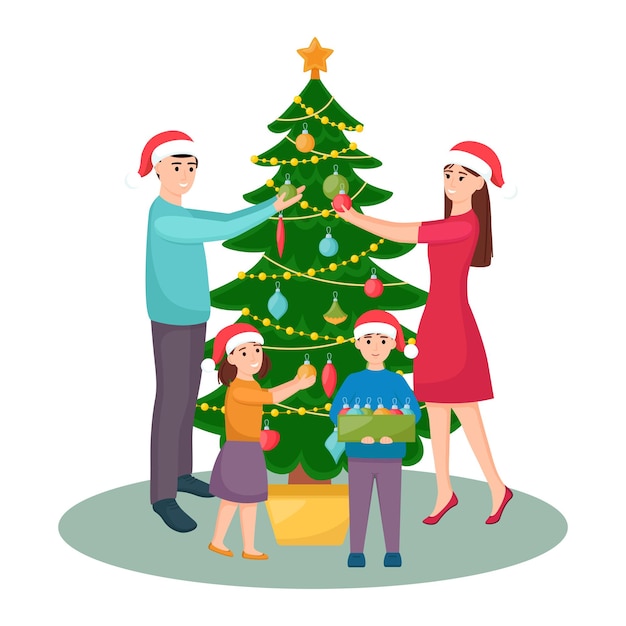 Happy family decorates Christmas tree. Mother, father, daughter and son in Christmas hats decorating fir tree, vector illustration