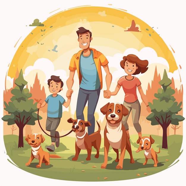 Vector happy family and dogs enjoying outdoor scene