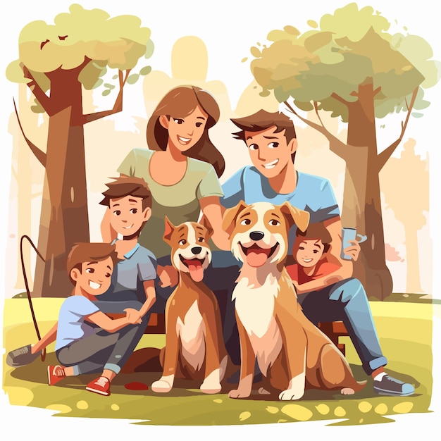 Vector happy family and dogs enjoying outdoor scene