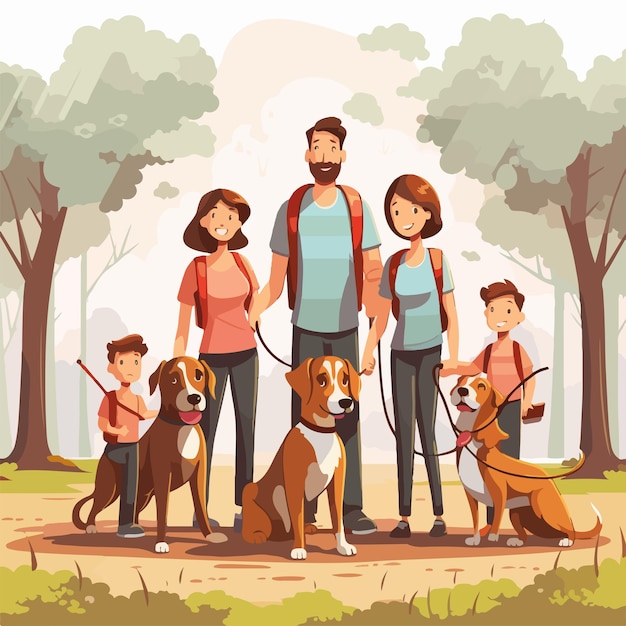 Vector happy family and dogs enjoying outdoor scene