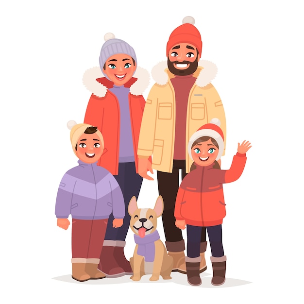 Happy family dressed in winter warm clothes. People in the north. Christmas Holidays.