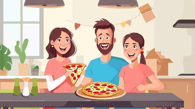 Vector happy family eating pizza on moving day vector illustration