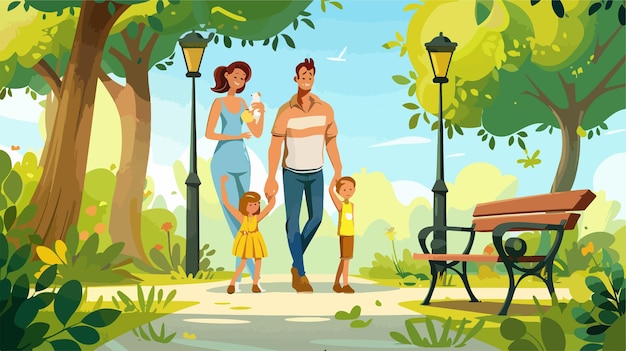 Happy Family Enjoying Sunny Day in Park Vector Illustration