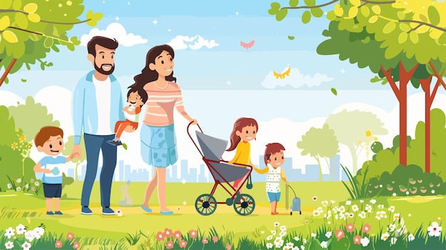 Happy Family Enjoying Sunny Day in Park Vector Illustration