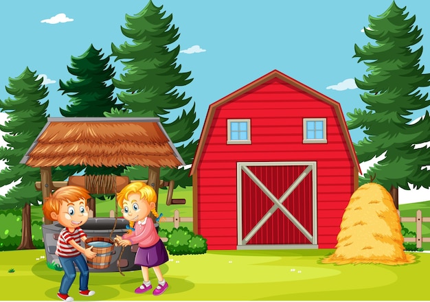 Happy family in farm scene in cartoon style