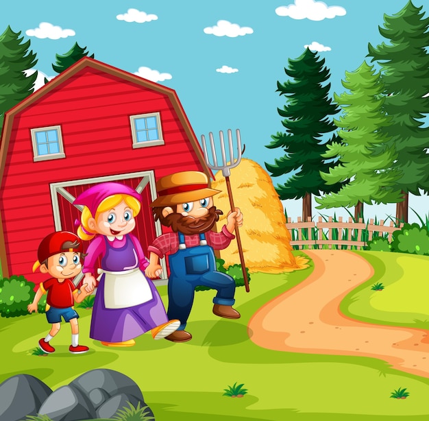 Happy family in farm scene in cartoon style