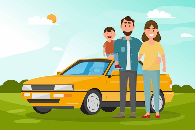 Happy family. Father, mother and children going to travel by car with nature background