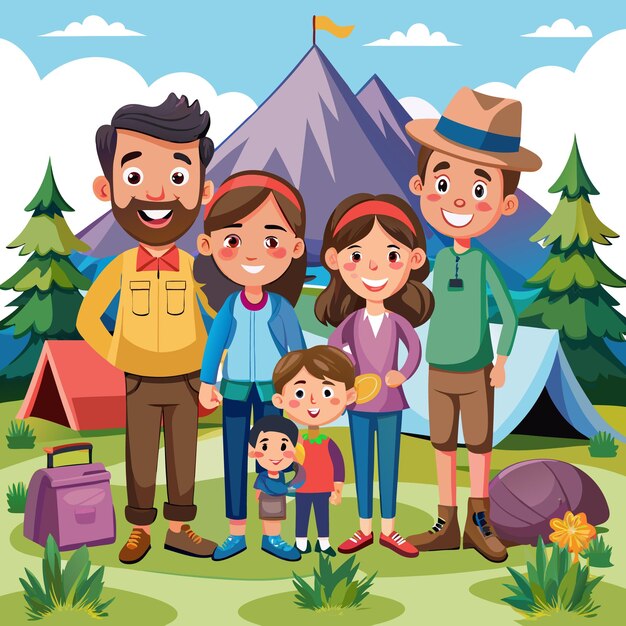 Vector happy family of five enjoying a camping trip in nature standing together in front of two tents