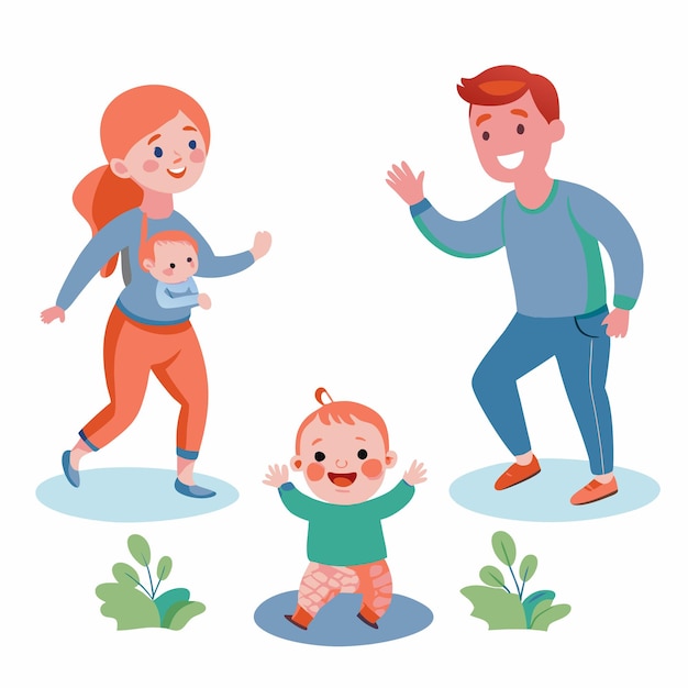 Vector happy family of four with a mother carrying a baby in a sling a father waving and a toddler walking in the middle