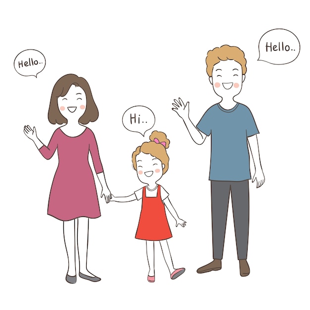 Happy family greeting say Hi Hello in speech bubble