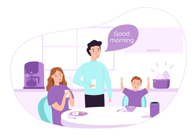 Happy family have breakfast together Flat vector illustration Smart home concept The smart speaker turns on electrical appliances