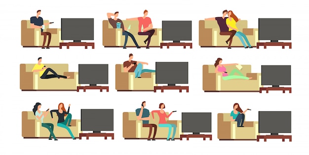 Happy family at home watching tv. Young couple resting on comfortable couch vector set