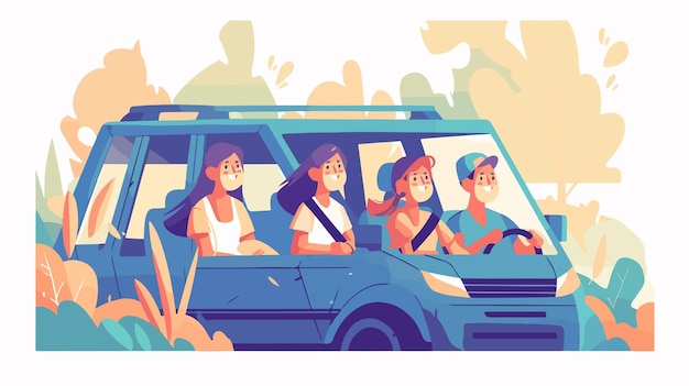 Vector happy family inside car driving vector illustration