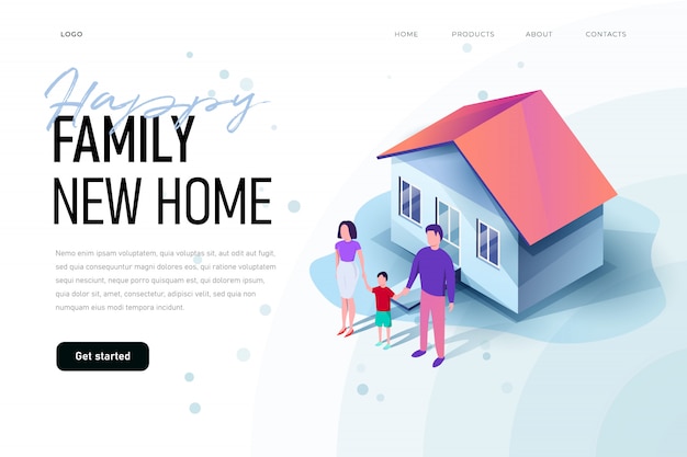 Happy family is around their new home. Family new home illustration concept.   isometric illustration