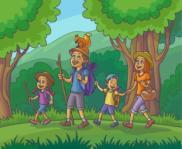 Happy family is hiking in the forest Vector Illustration