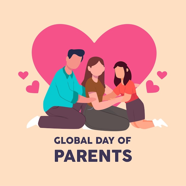 Happy family is sitting Mom dad and daughter at home against the background of love global day of parents Colored flat graphic vector illustration