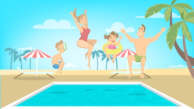 Happy family jump in pool on the vacations.