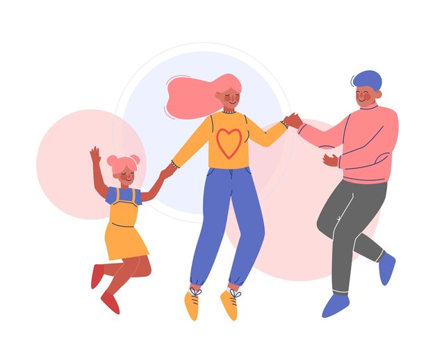 Vector happy family jumping together father mother and their daughter having fun vector illustration