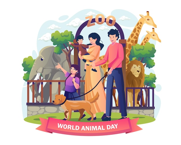 Happy Family and kids visit to the Zoo on World Animal Day concept design illustration