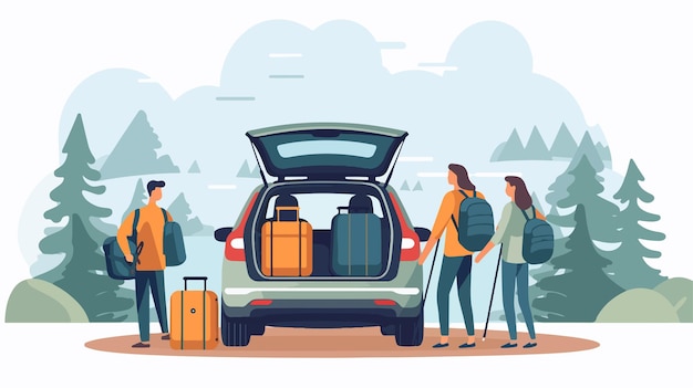 Happy Family Loading Car with Open Trunk Preparing for Travel