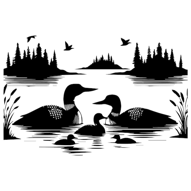 Vector a happy family of loons enjoying a peaceful swim on a lake vector art silhouette