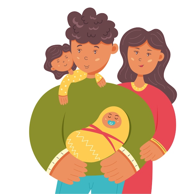 Happy family mom dad daughter and baby. Family, Father, and Mother's Day. Vector character illustration