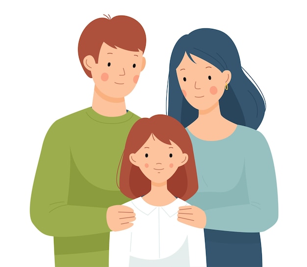 Happy family Mom dad and daughter hug each other Parents and schoolgirl Vector flat iilustration