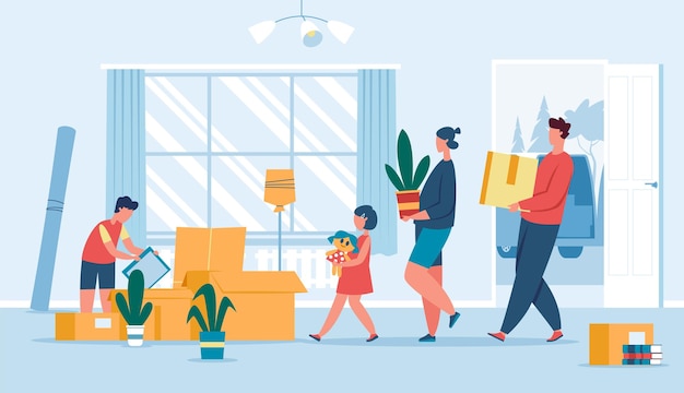 Happy family moving into new house or apartment, home relocation. Parents with kids carrying boxes, unpacking things vector illustration. Mother, father and children holding household stuff