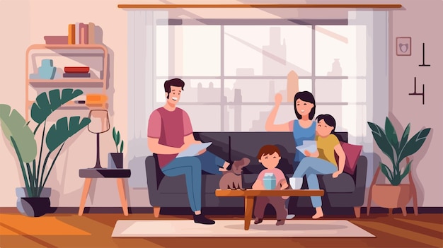 Vector happy family of parents in a cozy living room scene cartoon vector illustration