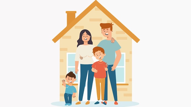 Vector happy family of parents and two children inside a warm home