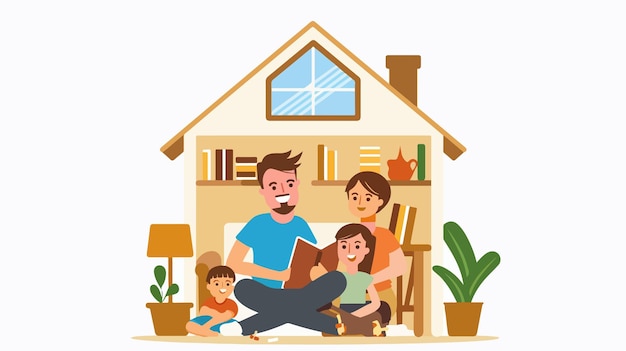 Vector happy family of parents and two children spending time together inside a cozy home