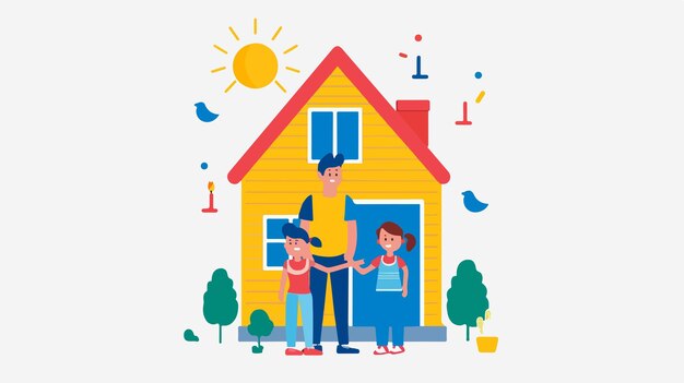 Vector happy family of parents and two children spending time together inside a cozy home