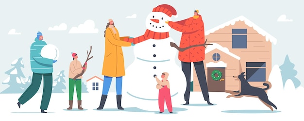 Happy Family Parents with Kids Making Funny Snowman on Snowy Landscape Background at Cottage Yard. Winter Time Outdoor Activity. People Playing on Christmas Holidays. Cartoon Vector Illustration