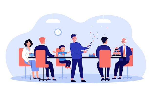 Happy family people gathering for festive dinner together. Adults and kids dining, sitting at table flat vector illustration. Holiday, lifestyle concept for banner, website design or landing web page