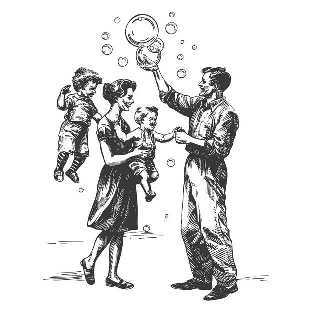 Vector happy family playing soap bubbles with engraving style