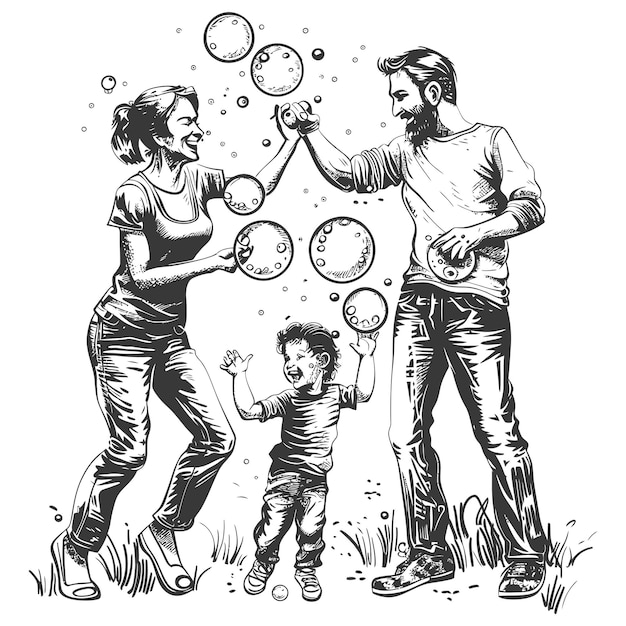 Vector happy family playing soap bubbles with engraving style