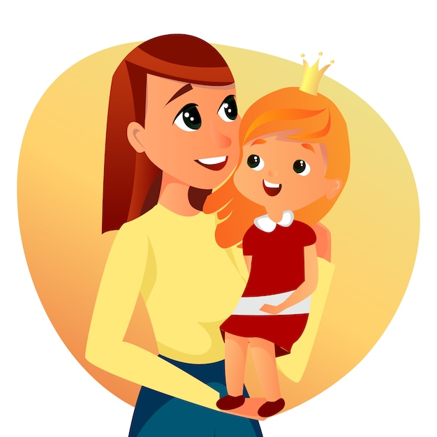 Happy Family Portrait Cartoon Woman Hold Girl