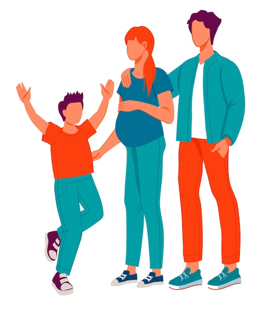 Happy family pregnant mother father and son flat vector illustration isolated