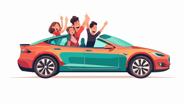 Vector happy family raising hands on road trip