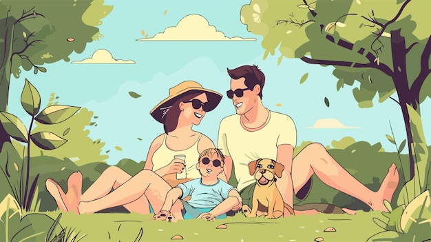 Happy Family Relaxing with Dog in Summer