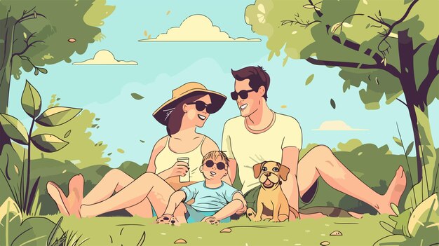 Vector happy family relaxing with dog in summer