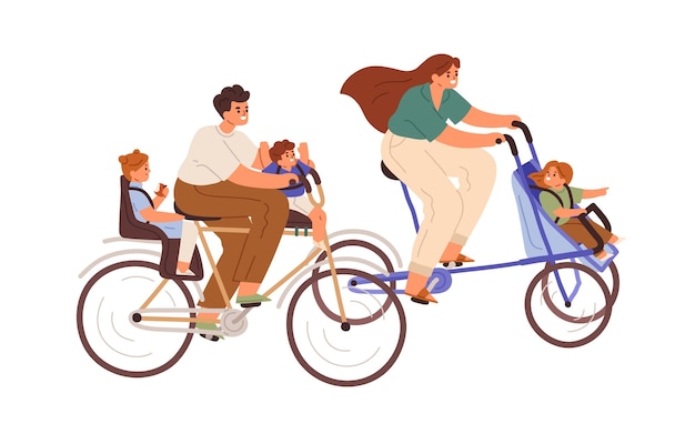 Happy family riding bicycle together. Parents and children cycling. Mother, father and kids traveling on bike. Active mom, dad and child. Flat vector illustration isolated on white background.