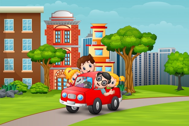 Happy family riding a car in the road to cityside