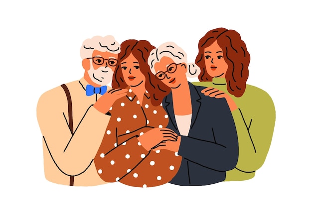 Happy family, senior old parents, pregnant daughter. Aged elderly mother, father hugging adult young girls. Sisters and retired mom, dad portrait. Flat vector illustration isolated on white background